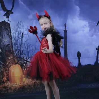 Červená Čierna Diabol Kostým Tutu Šaty Dievčatá Halloween Kostým Deti Darebák Cosplay Karneval Purim Fancy Dress Up Oblečenie