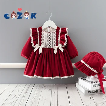 Zimné Nové Baby Girl Dress Batole detské Dlhé Rukávy Luk Zamatové Víno Červené španielsky Plyšové Strany Princezná Šaty 0-3 Rokov