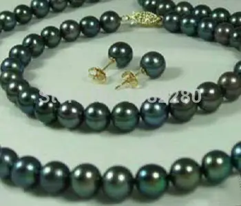 fashion, DIY šperky 8-9mm Čierna Prírodná Perla Náhrdelníky, Náramky, Náušnice Nastaviť